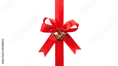 Festive Red Ribbon Tied In A Bow With Gold Bells On A Clean White Background Perfect For Gifts

