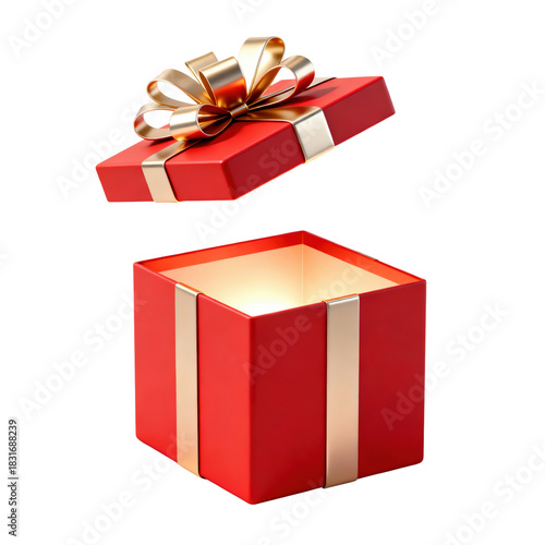 A glowing open red gift box with its gold-ribbon lid floating above on a transparent background, perfect for magical holiday ads, surprise concepts, festive promotions and premium seasonal celebration