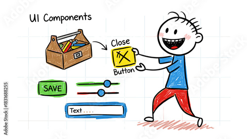 Stick figure developer building a user interface with various components like buttons and sliders. Hand-drawn illustration concept for UX/UI design and app development