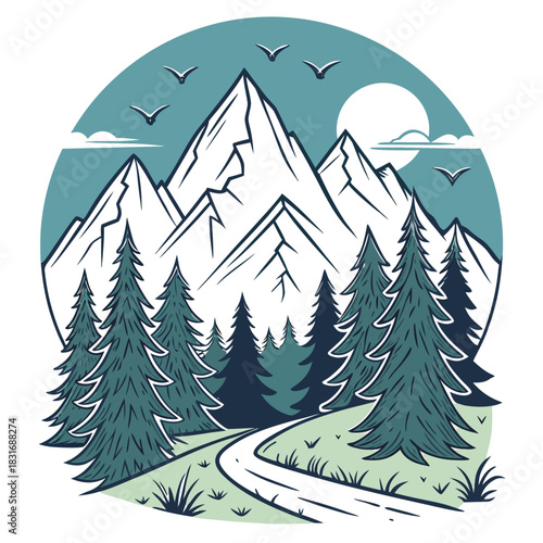 Vector illustration stylized illustration of snowcapped mountains, evergreen forest, winding path, and moonlit sky, perfect for outdoor themes
