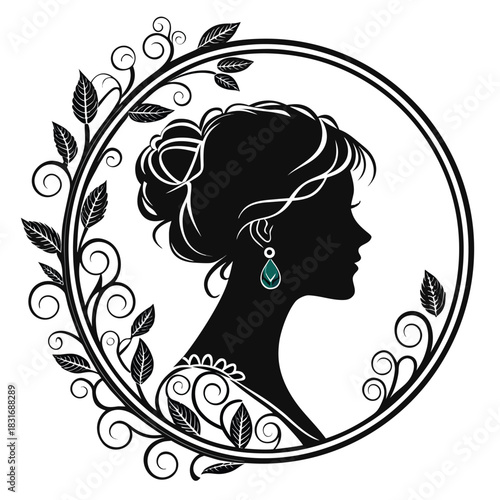 Vector illustration elegant silhouette of a womans profile with an ornate updo and teardrop earring, framed by a leafy wreath
