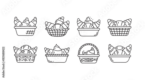 Collection of eight different basket silhouettes filled with croissants and pastries silhouette