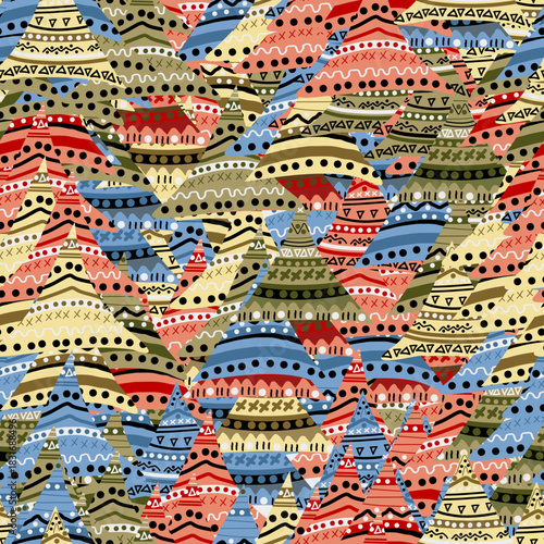 Abstract seamless pattern with colorful patches with geometric and ethnic motifs.eps