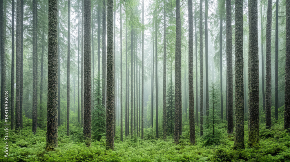 Fototapeta premium Dense misty forest tall evergreen trunks with soft light and tranquil mood