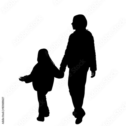 Silhouette of a young mother holding a little girl by the hand, the girl is holding a balloons..eps