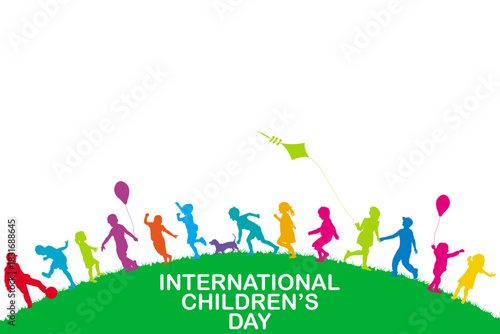 International Children's Day card with colorful silhouettes of children playing outside on a green hill.eps