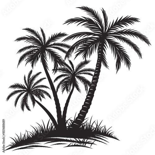 Vector illustration silhouette of three tropical palm trees with grass detail