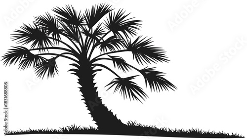 Vector illustration black silhouette of a leaning palm tree with spiky fronds standing on a patch of grass