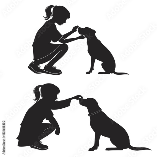 Vector illustration silhouette of a young girl training a dog with a treat in two different poses