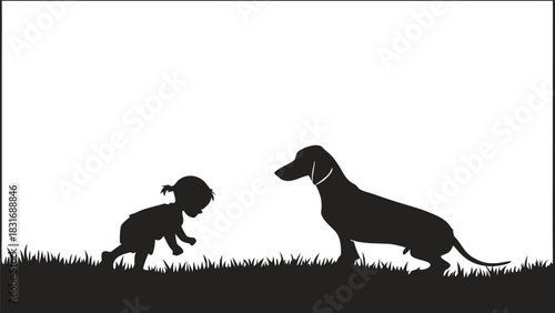 Vector illustration silhouette illustration of a small child approaching a dachshund dog standing on grass against a