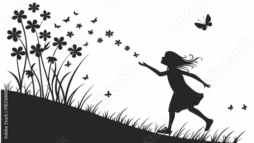 Vector illustration silhouette of a young girl reaching towards butterflies emerging from flowers on a grassy hill