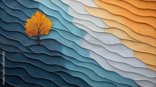 An abstract artwork featuring a single autumn tree set against a textured, wavy background with shades of blue, white, and orange.