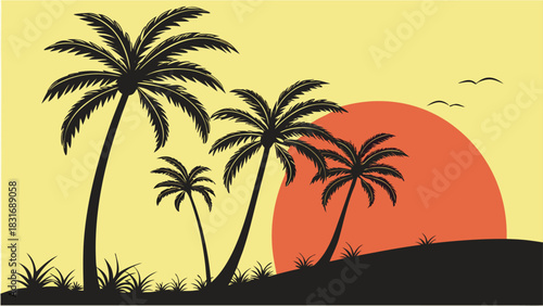 Vector illustration silhouette of several palm trees against a large setting sun on a tropical beach horizon at dusk