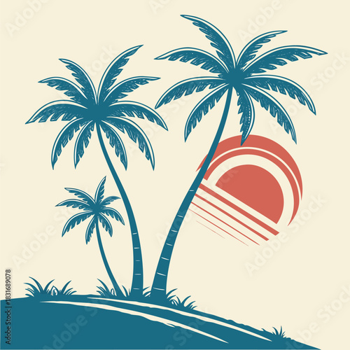 Vector illustration stylized illustration of three palm trees silhouetted against a setting or rising sun on a small patch of ground