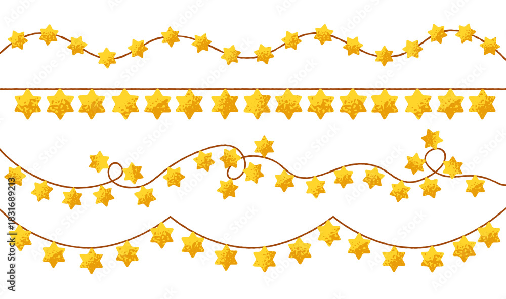 Obraz premium David star, light garland on string border. Festive horizontal decoration with golden hanging twinkles for Hanukkah. Jewish holiday decor set. Flat vector illustrations isolated on white background