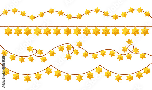 David star, light garland on string border. Festive horizontal decoration with golden hanging twinkles for Hanukkah. Jewish holiday decor set. Flat vector illustrations isolated on white background