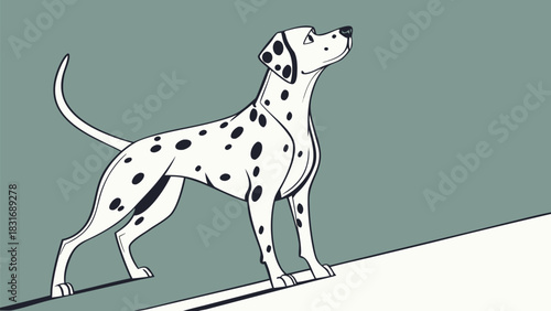 Vector illustration stylized illustration of a proud dalmatian dog standing against a muted green background with a white foreground element