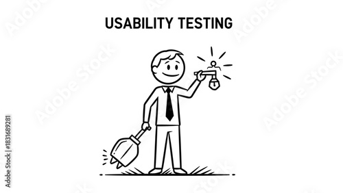 A businessman joyfully discovers the correct solution, comparing a simple, shining key to a complex, outdated one in a conceptual drawing