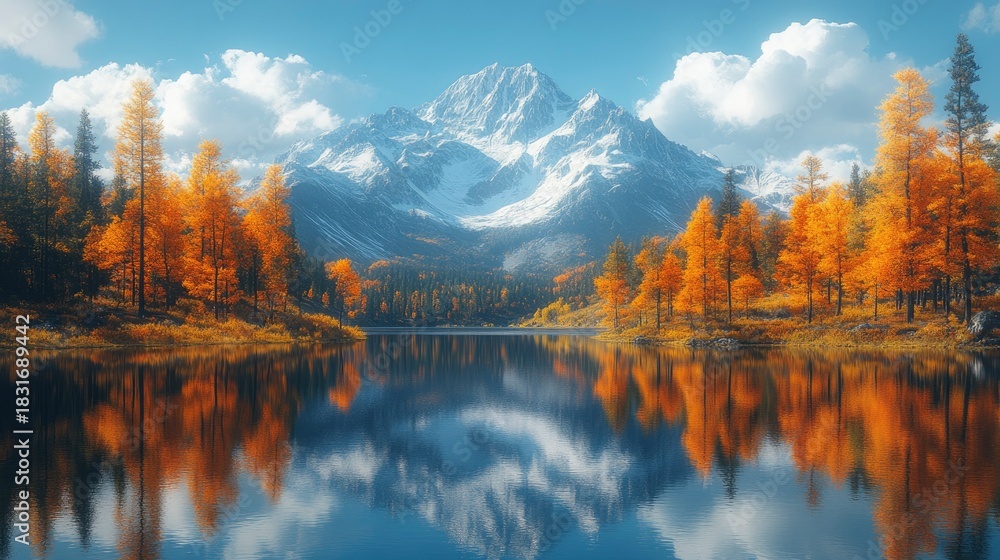Naklejka premium Serene Autumn Landscape with Majestic Mountain and Lake Reflections