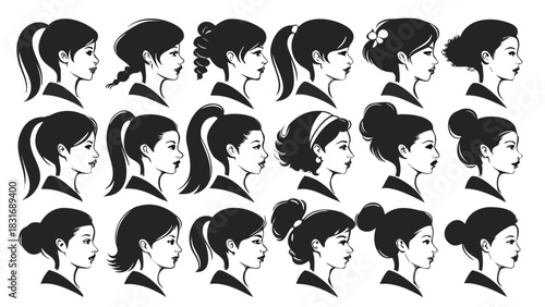 Vector illustration collection of various female hairstyle silhouettes shown in profile view, perfect for beauty and fashion illustration