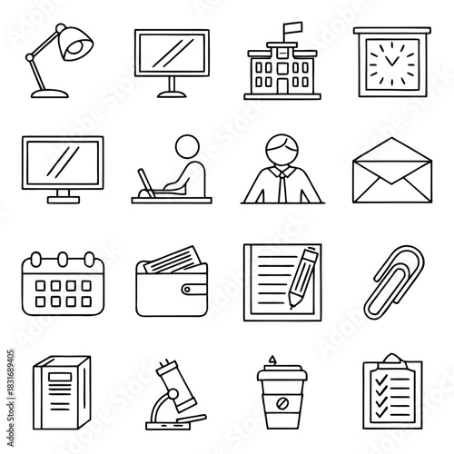 Vector illustration collection of black and white line art icons representing office, school, and work related objects and people