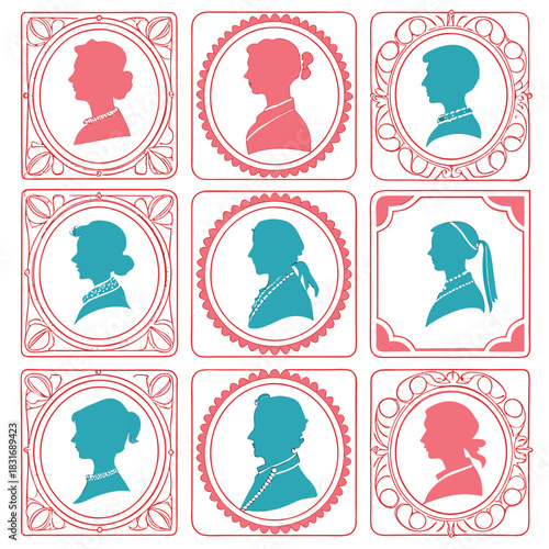 Vector illustration collection of nine vintage silhouette portraits of women in decorative oval and circular frames
