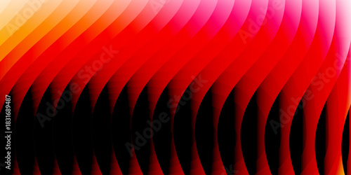 Neon ribbed fractal glass 3d background. Holographic vertical stripe pattern with vibrant purple blue yellow gradient. Abstract black bg, iridescent texture lines in radiant colors. 3D illustration	
