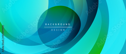 Abstract background design features layered circles, vibrant blues, greens. Modern aesthetic, smooth gradients create dynamic visual effect.