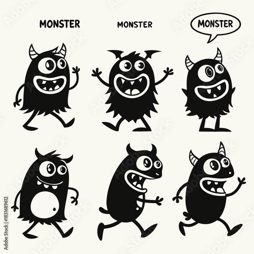 Vector illustration set of six cute, black, cartoon monster characters with horns and big smiles