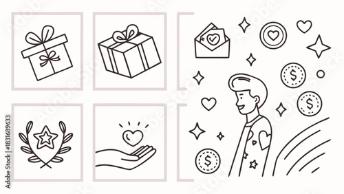 Vector illustration set of line art icons depicting gift giving, appreciation, charity, reward, and positive emotion elements