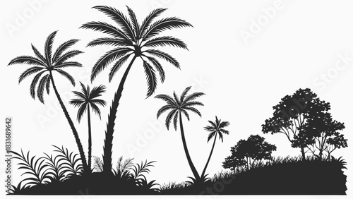 Vector illustration silhouette illustration of various palm tree shapes and dense tropical foliage