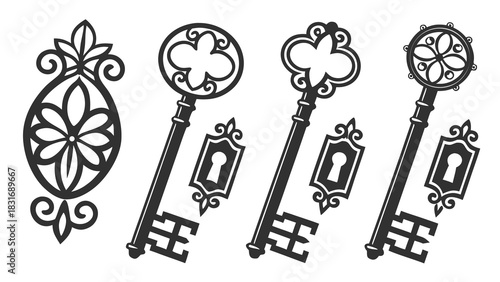 Vector illustration collection of three ornate antique skeleton keys with decorative keyhole escutcheons and a floral element