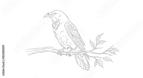 Elegant detailed line drawing of a songbird perched on a branch with emerging leaves