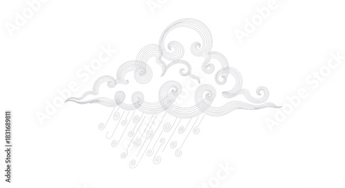 Elegant minimalist illustration of a stylized cloud with rain drops in a delicate line art style
