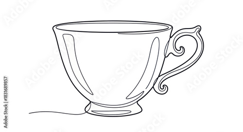 Elegant line art of a classic ornate teacup with intricate handle design for minimalistic style