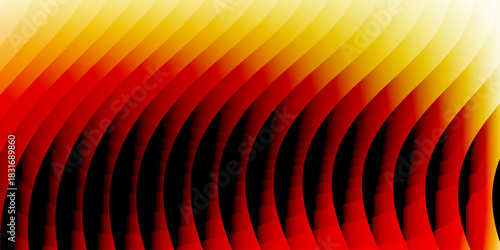 Neon ribbed fractal glass 3d background. Holographic vertical stripe pattern with vibrant purple blue yellow gradient. Abstract black bg, iridescent texture lines in radiant colors. 3D illustration	
