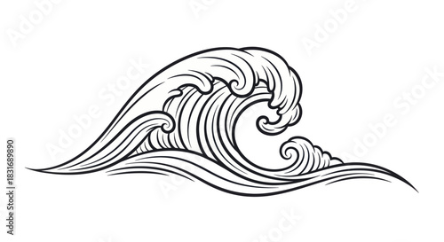 Elegant Line Drawing of a Dynamic Ocean Wave in Black and White Minimalist Style