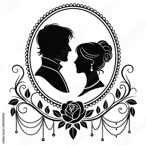 Vector illustration elegant black silhouette of a couple in profile within an ornate oval frame with rose and bead details