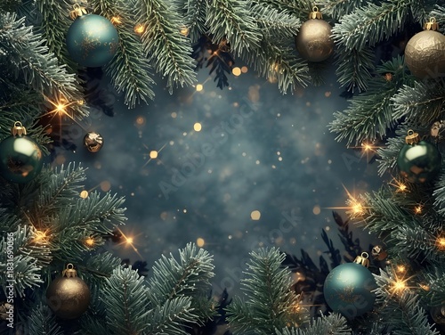 Photoreal Holiday Banner with Frosty Pine Branches, Glossy Christmas Baubles, Snow Glow Effects, HDR 8K Winter Background