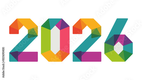 Year 2026: An abstract representation of the number 2026, composed of colorful, geometric shapes, symbolizes the future, innovation, and anticipation. 