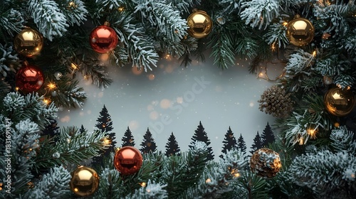 Photoreal Holiday Banner with Frosty Pine Branches, Glossy Christmas Baubles, Snow Glow Effects, HDR 8K Winter Background