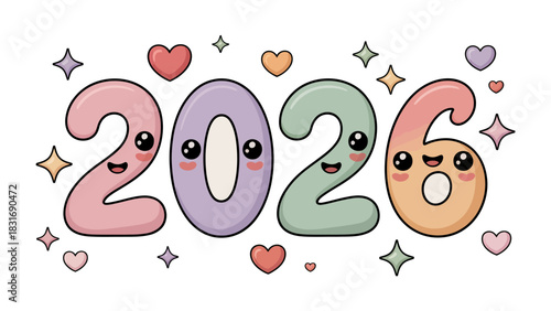 A Cheerful Countdown: The year 2026 is brought to life with a cute and playful illustration, with each number sporting a charming face. Embodying fun, joy.