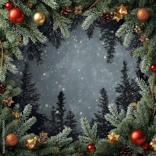 Photoreal Holiday Banner with Frosty Pine Branches, Glossy Christmas Baubles, Snow Glow Effects, HDR 8K Winter Background