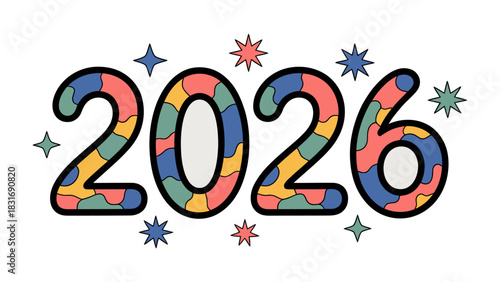 Vision 2026: An illustrated display of the year 2026, bursting with colorful creativity, and sparkling with decorative stars, representing optimism and aspirations.