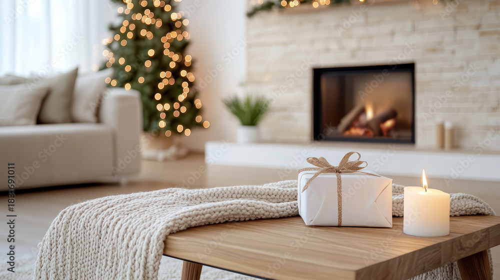 Obraz premium Cozy gift by candle on wooden table with knitted throw and warm fireplace glow