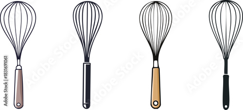 Whisk utensil illustrated in bold linear style representing cooking preparation mixing action and clean modern kitchen theme