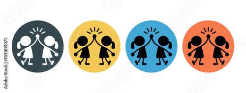 Four diverse circles show stylized figures of children giving high fives, representing teamwork and friendship.