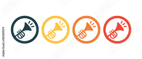 Four colorful circular icons each featuring a stylized trumpet emitting musical notes, representing a symphony of sound.