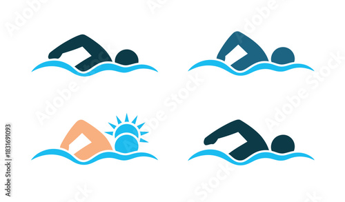 Four stylized icons depict swimmers in water, with one showing a sunrise to symbolize early morning activity.
