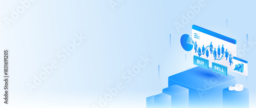 Isometric stock market data analysis trading with buy and sell interface, financial chart, and market data analytics concept in banner web.